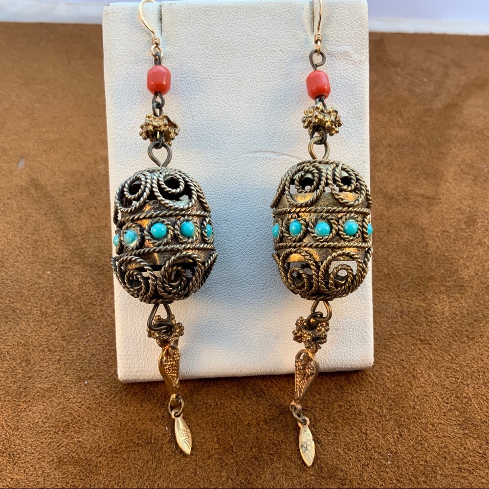Vintage Tibetan Style Boho Dangle Earrings with red Coral and Turquoise